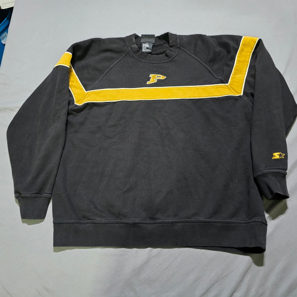 vintage Starter Purdue Sweatshirt Mens XL Black Gold Stripe Raglan Crewneck